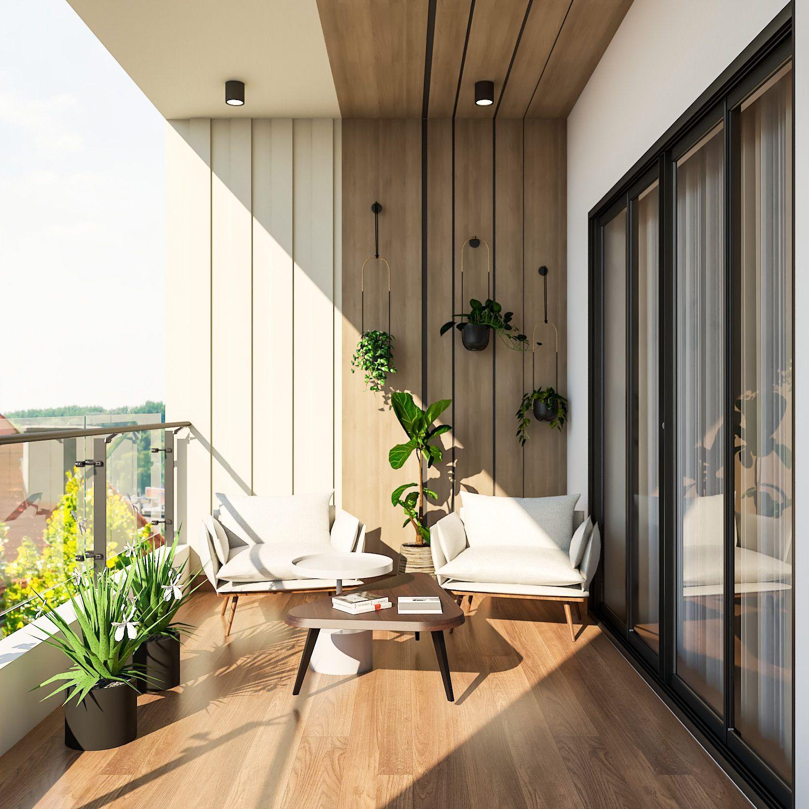 Compact apartment balcony with comfortable seating, potted plants and simple outdoor styling