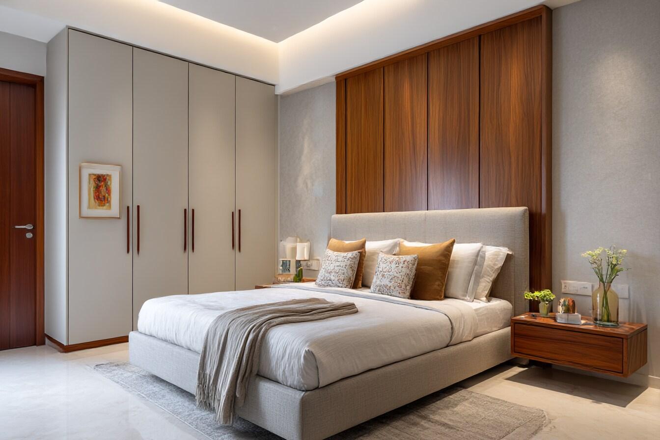 Modern master bedroom with a comfortable bed, fitted wardrobe, soft lighting and warm neutral colours