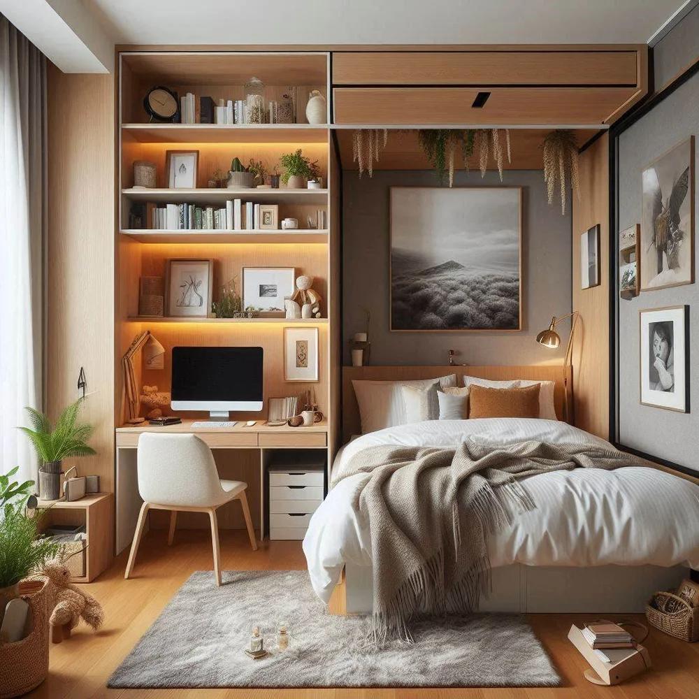 Compact home office in a third bedroom with a desk, chair and organised storage