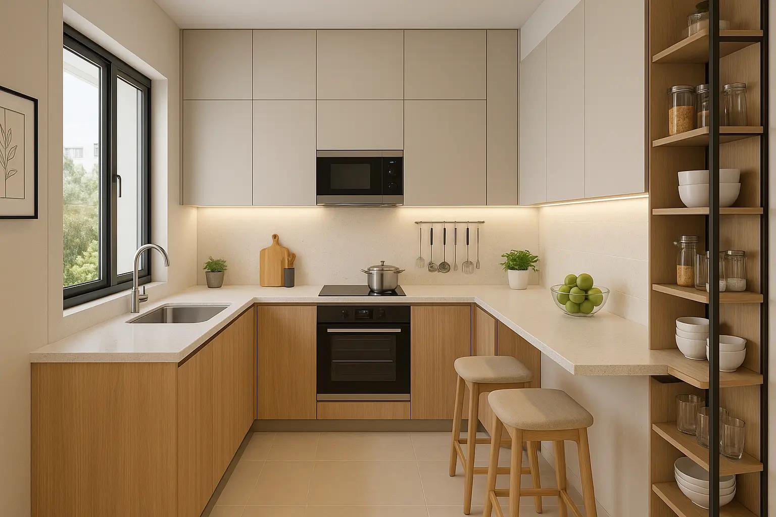 Compact modular kitchen with organised cabinets, practical drawers and a clean countertop