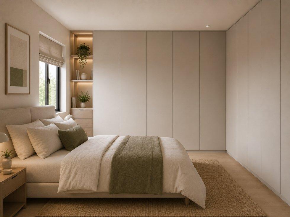 Floor-to-ceiling fitted wardrobe with organised shelves and concealed storage in a modern apartment