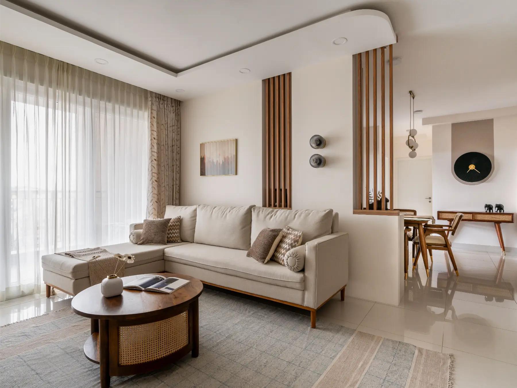 Minimalist modern Indian home with neutral colours, natural wood finishes and simple contemporary furniture