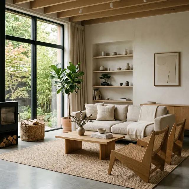 Minimalist interior combining warm wood, natural fabric, subtle textures and indoor greenery