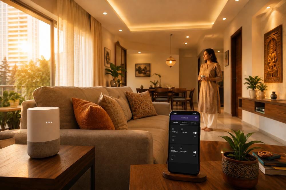 Modern smart home interior with integrated lighting, contemporary furniture and connected home technology